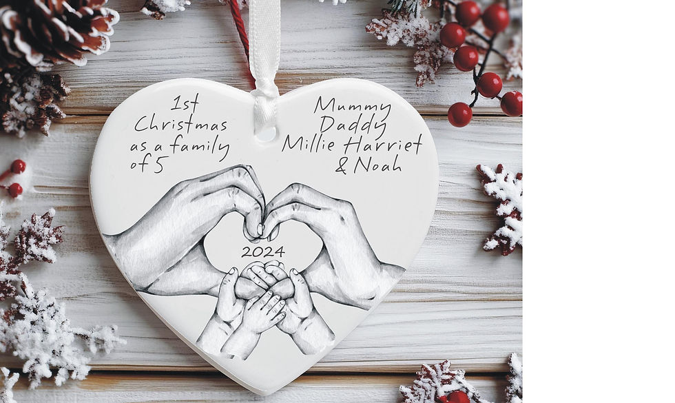 Thumbnail: 1st Christmas As A Family Of 5 Illustrated Heart Hands Ceramic Tree Decoration