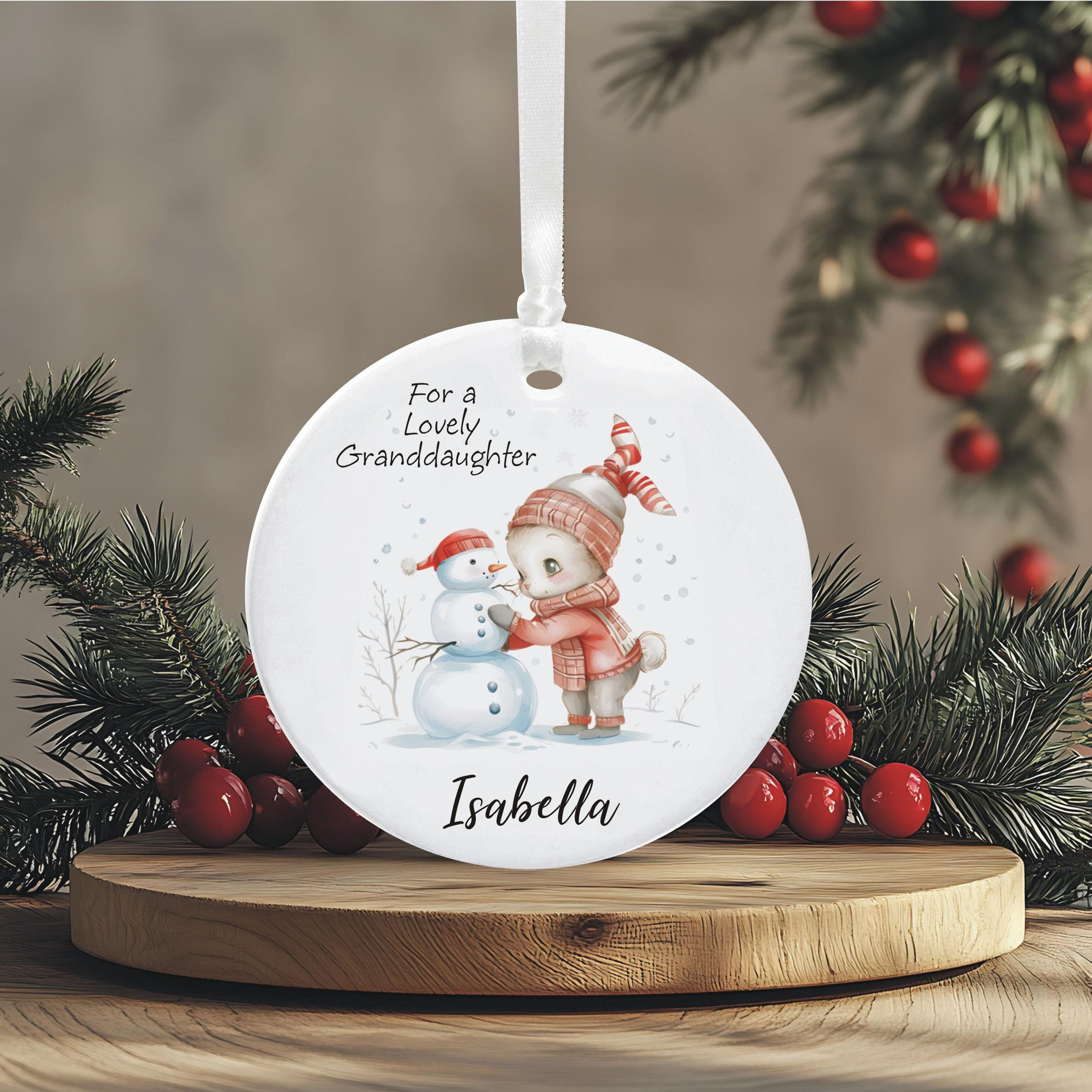 Granddaughter's First Christmas Personalised Bunny & Snowman Tree Decoration