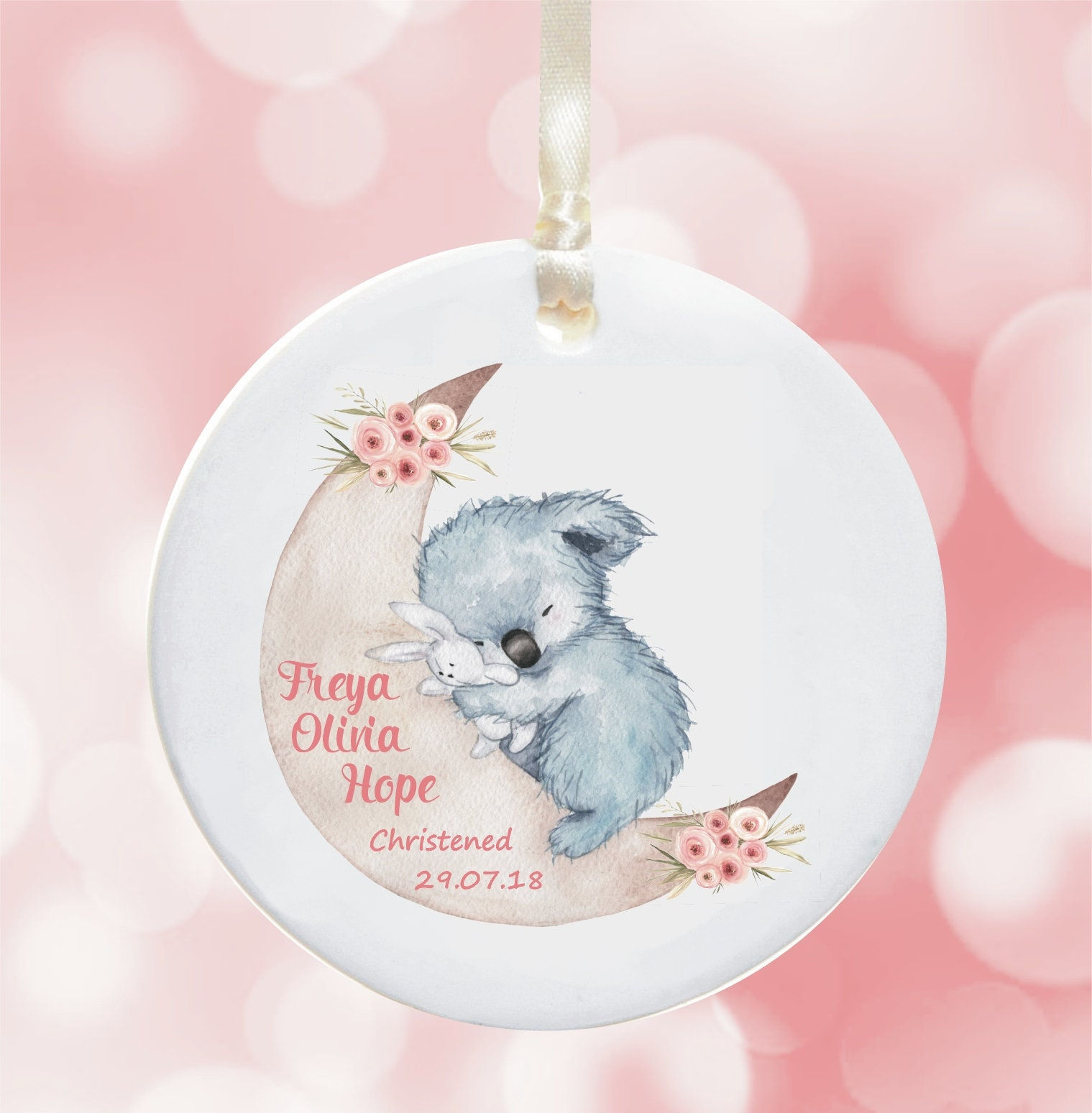 Baby Girl Christening Ceramic Decoration - Personalised Watercolour Koala Design