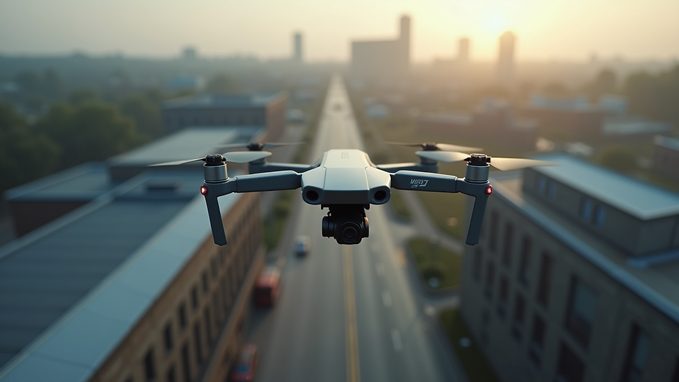 High angle view of a drone flying over industrial buildings