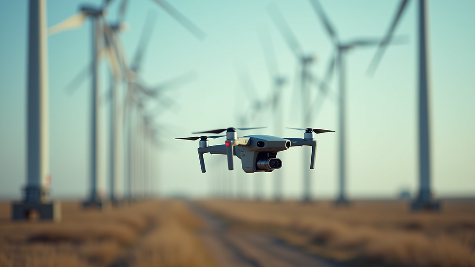 Close-up view of a drone inspecting wind turbines