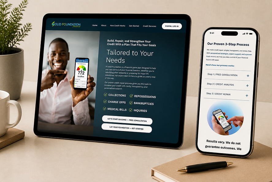Solid Foundations Finance responsive website redesign displayed on tablet and mobile, featuring credit repair services and a three-step customer process.