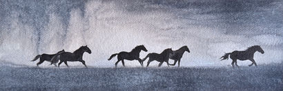 a watercolour panoramic painting of horses running on a horizon