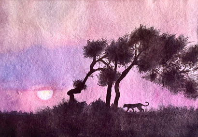 a watercolour painting of a sunset, and a leopard walking under the trees 
