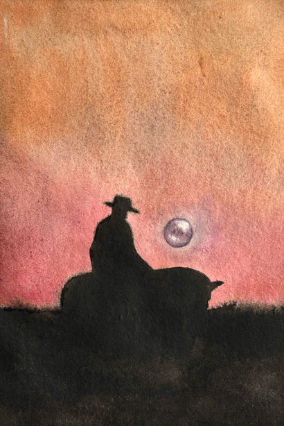 a watercolour painting of a horse-rider with a pearl in place of the moon