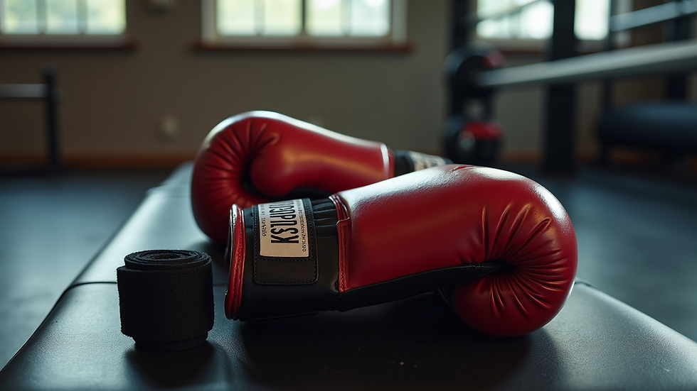 Close-up view of boxing gloves and hand wraps on a gym bench
