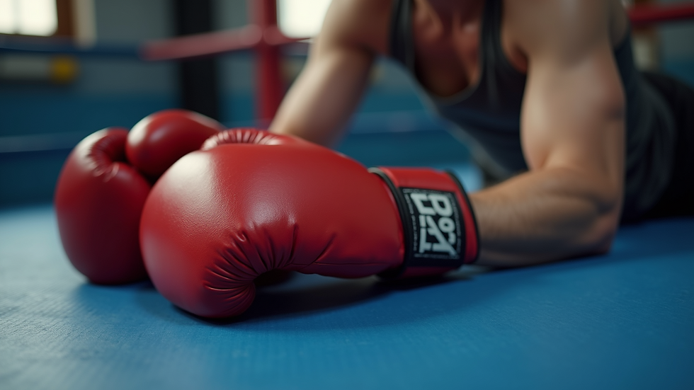 Close-up of boxing gloves on a training mat