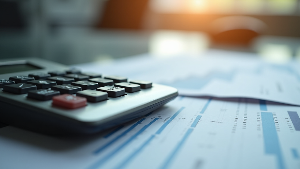 Close-up view of a calculator and financial documents on a desk