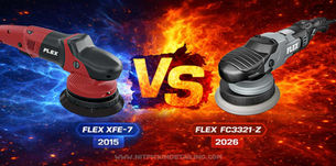Two FLEX polishers face off with a fiery "VS" between them. Left: red FLEX XFE-7, 2015. Right: black FLEX FC3321-Z, 2026. Blue and red flames.