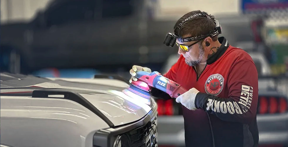 Man holding an Adams Polishes Swirl Killer buffer on white paint. What is Paint Correction