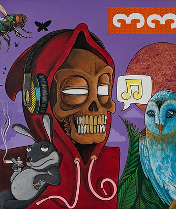 Skeletal figure in hoodie with owl, rabbit, and musical note.