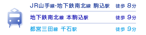JR山手線・地下鉄南北線 駒込駅 徒歩8分、地下鉄南北線 本駒込駅　徒歩9分、都営三田線 千石駅 徒歩9分