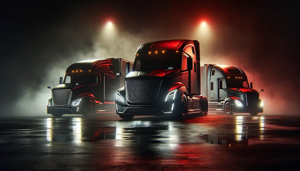 A dramatic scene with three modern semi-trucks positioned at different angles. The trucks are illuminated by atmospheric red 
