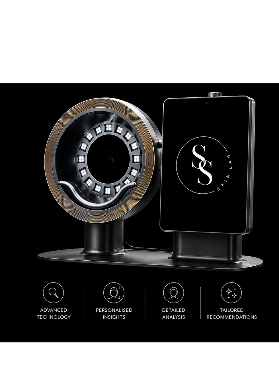 High-end studio shot of SS Skin Lab skin analysis device on black background with four icons and labels: Advanced Technology, Personalised Insights, Detailed Analysis, Tailored Recommendations. Portrait layout.