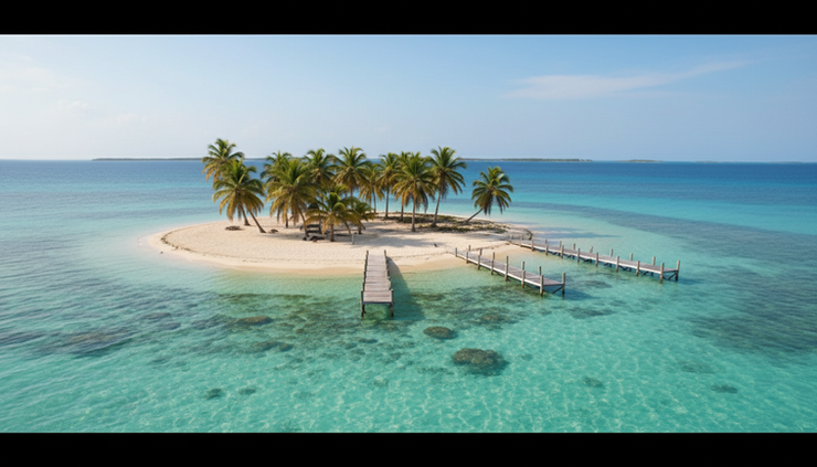 Wide-angle view of a small Belizean caye surrounded by clear turquoise water