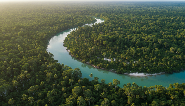 Aerial view of a winding river cutting through dense green forest in Belize