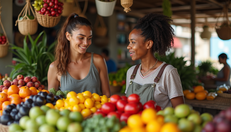 Eye-level view of a local tropical market with a solo traveler and a guide, surrounded by colorful fruits and spices