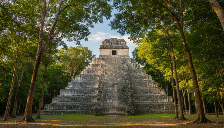 Eye-level view of a Maya stone temple rising above green forest in Belize