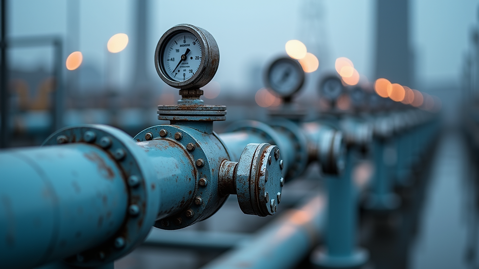 Close-up view of CO2 pipeline infrastructure with valves and gauges