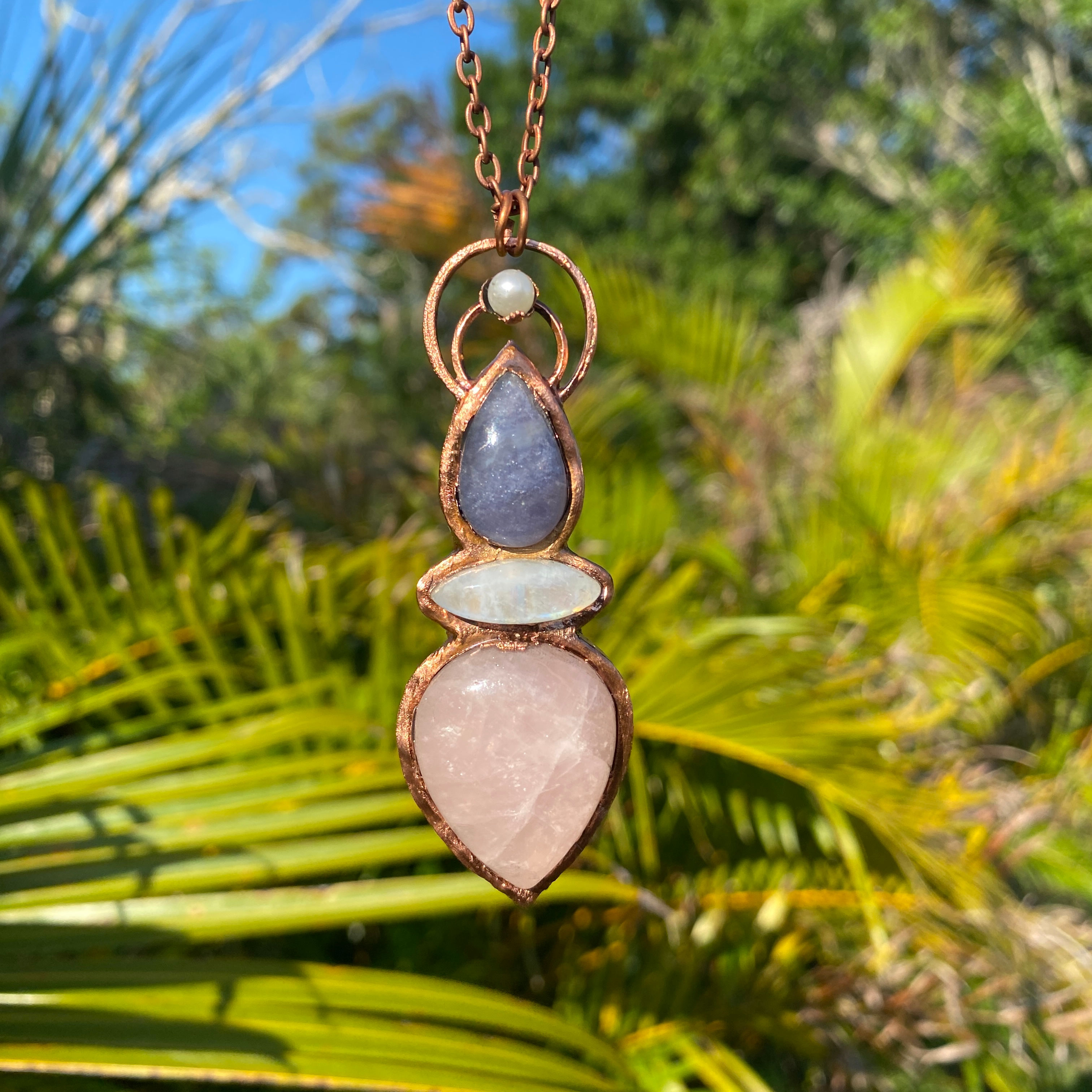 Pearl, Iolite, Moonstone, Rose Quartz Amulet