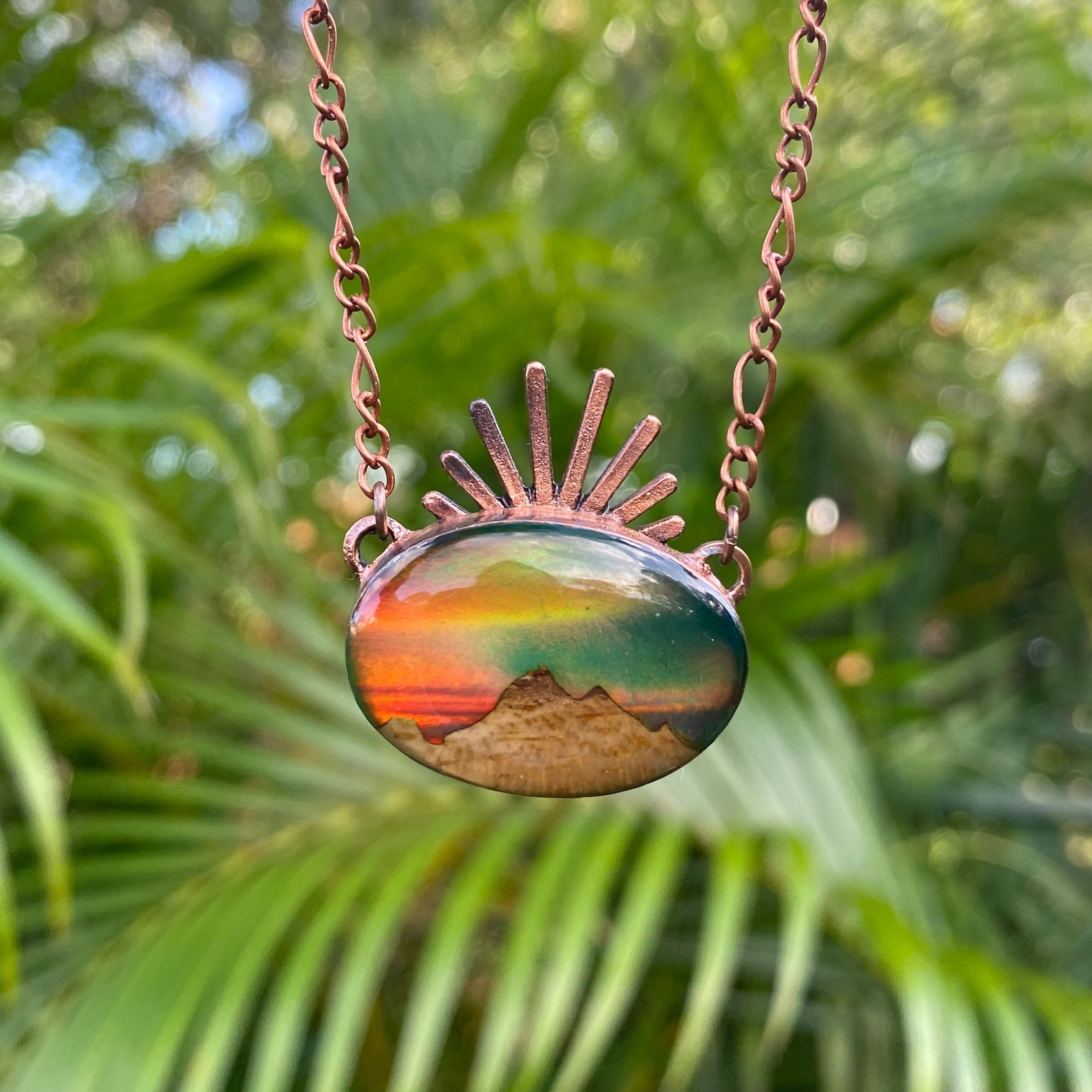 Hand Carved Wood Mountain + Aurora Opal Mountain Pendant