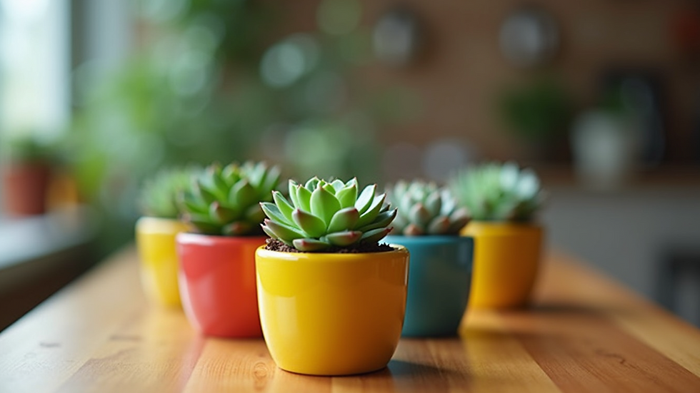 Eye-level view of a small succulent arrangement in colorful pots on a wooden table