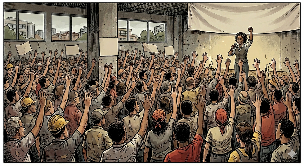 Charge ilustra uma assembleia de trabalhadores. Imagem: Gemini