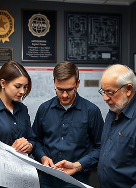 a group of 3 electronics engineers all wearing dark navy blue collard shirts 1 woman, 1 yo