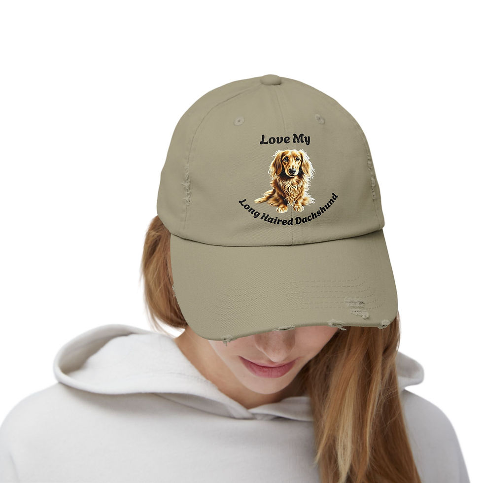 Thumbnail: Unisex Distressed Dog Lover Cap - Long Haired Dachshund
