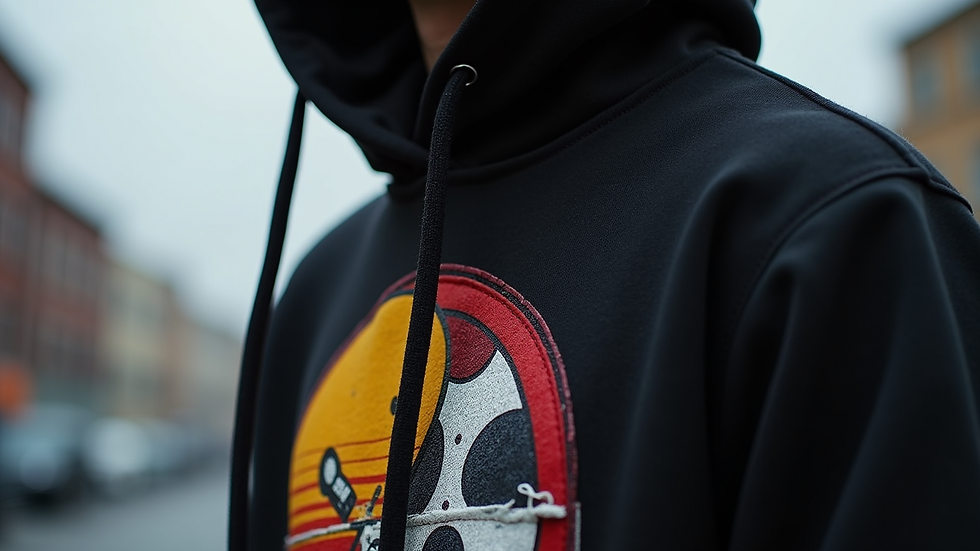Close-up view of a graphic hoodie with bold urban design