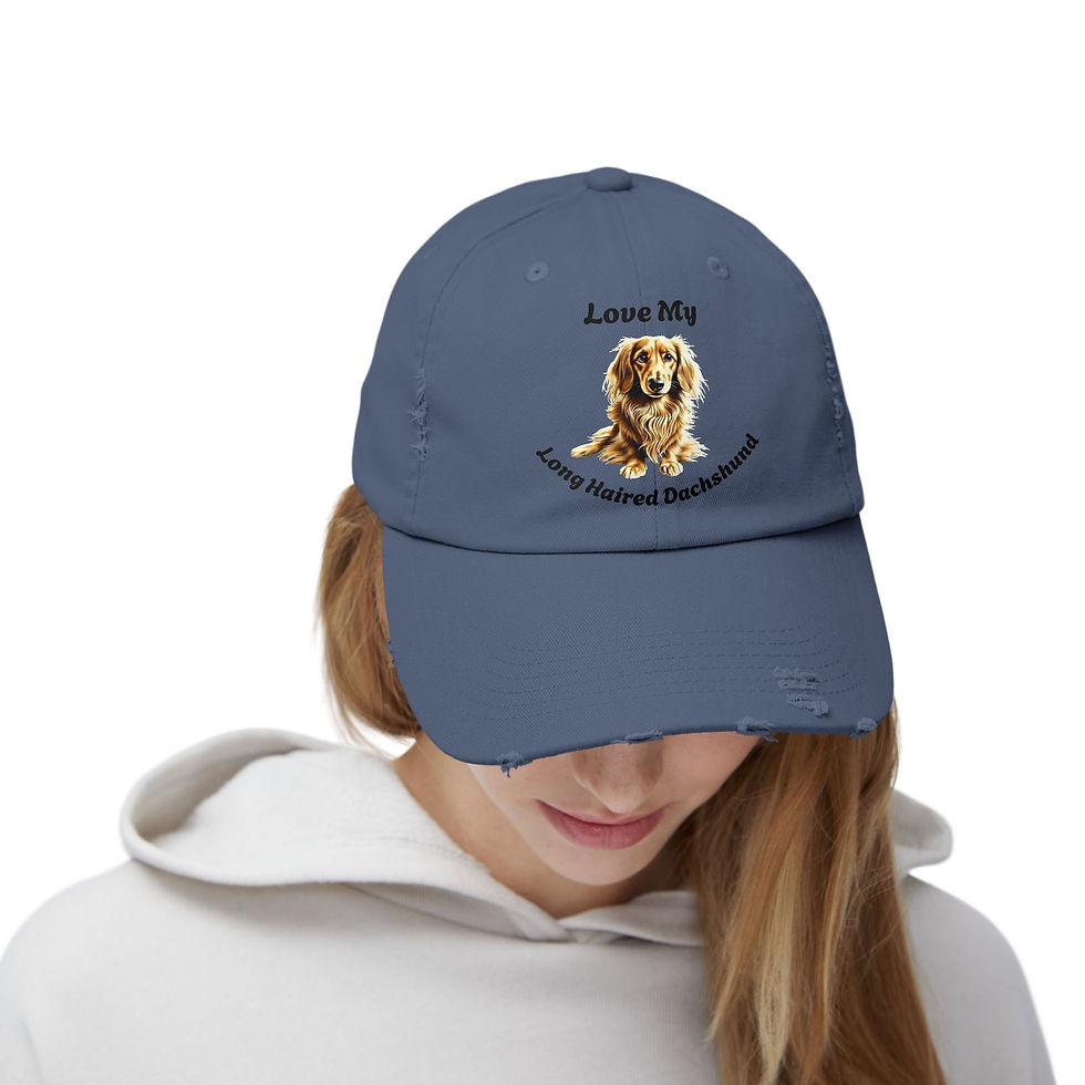 Thumbnail: Unisex Distressed Dog Lover Cap - Long Haired Dachshund