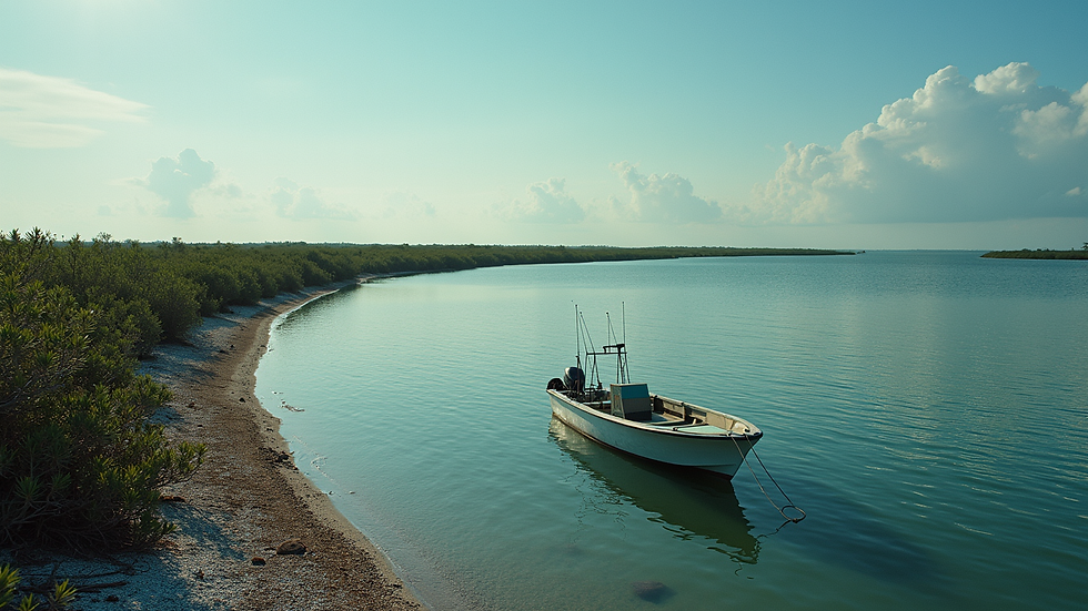 High angle view of fishing boat anchored near a mangrove shoreline in South Florida