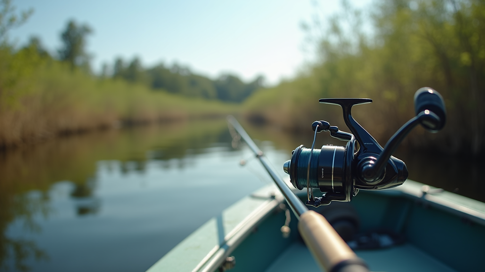 Eye-level view of a fishing rod and reel set up on a boat ready for peacock bass fishing