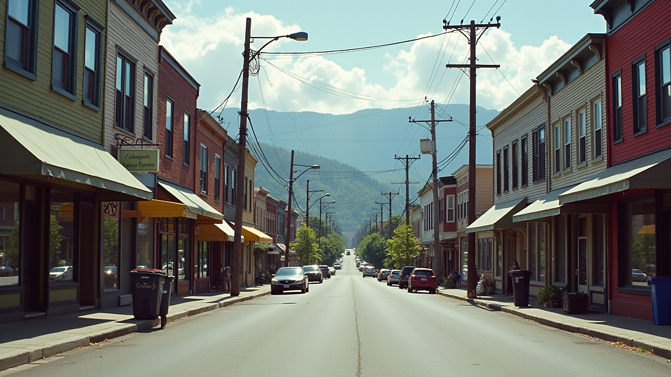 High angle view of a small town street in Boston Mountain with local shops