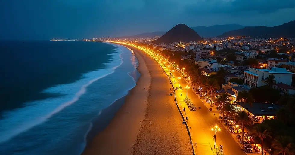 Calçadão de Ponta Negra ao entardecer com pessoas caminhando e bares iluminados ao fundo 