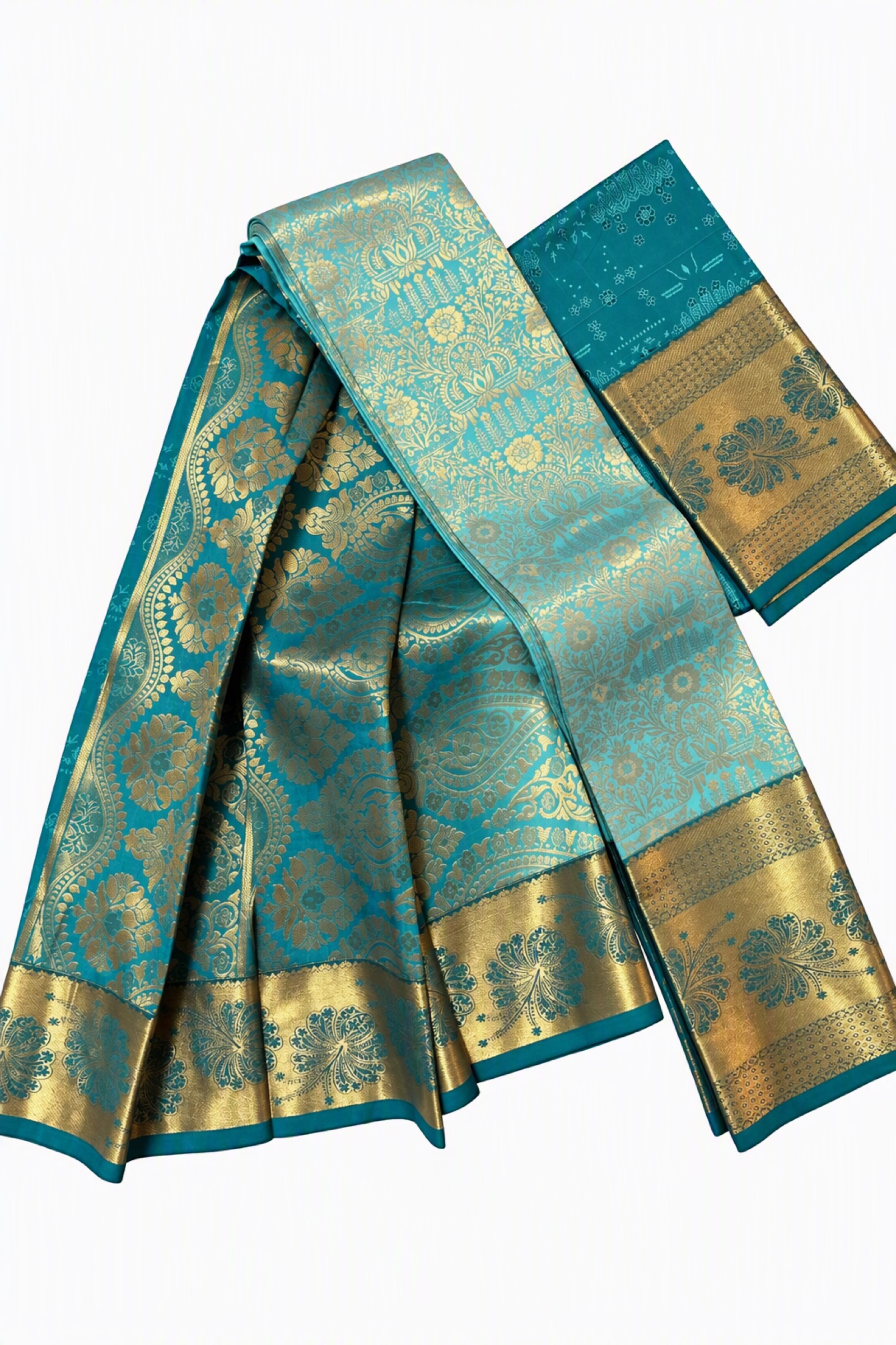 Sari traditionnel en soie turquoise et dorée