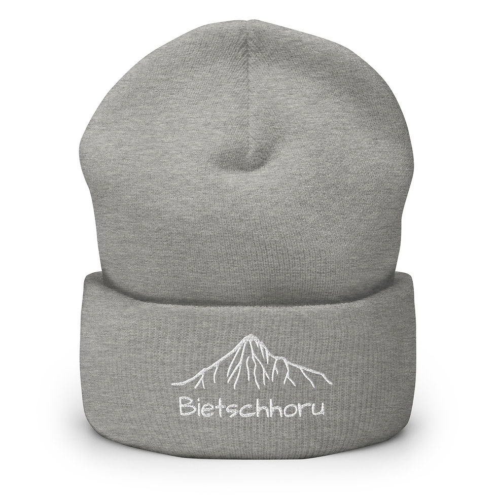 Heather Grey farbenes Beanie mit Bietschhoru Berg Wallis in weiss bestickt Unisex