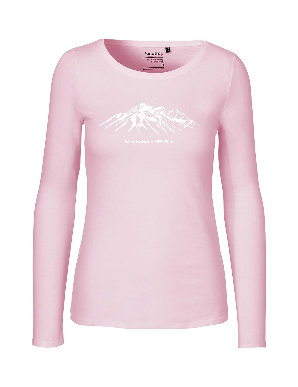Miniaturbild: Langarmshirt in rosa mit Rundhalsausschnitt, tailliert, weiche Baumwolle, Mischabel Berg Druck in weiss.