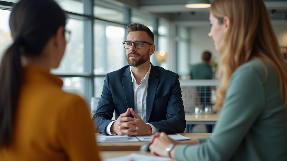 Eye-level view of a confident salesperson engaging with a customer