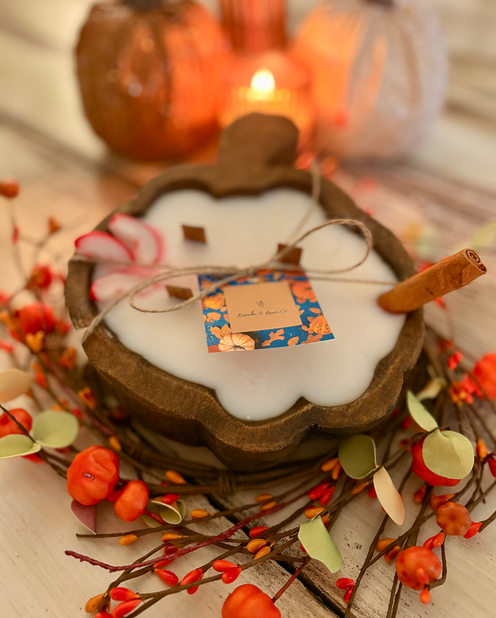 Hand carved Pumpkin wood bowl candle