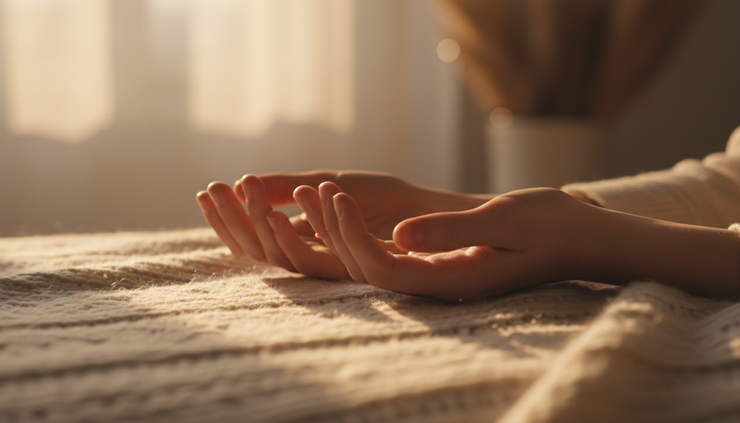 Close-up view of hands resting calmly on a soft blanket during relaxation.