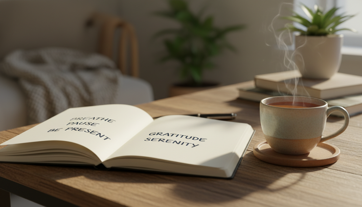 Close-up view of a notebook with simple calming words written beside a cup of tea.