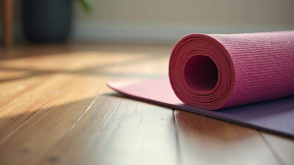 Eye-level view of a colorful yoga mat on a wooden floor