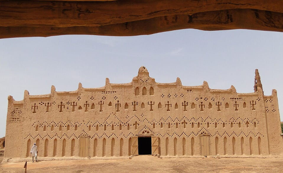 High angle view of the Great Mosque of Djenné showing its mud-brick structure