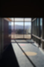 Architectural photography of a sunlit modern hallway corridor.