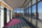 Modern hallway architectural photography with large windows.