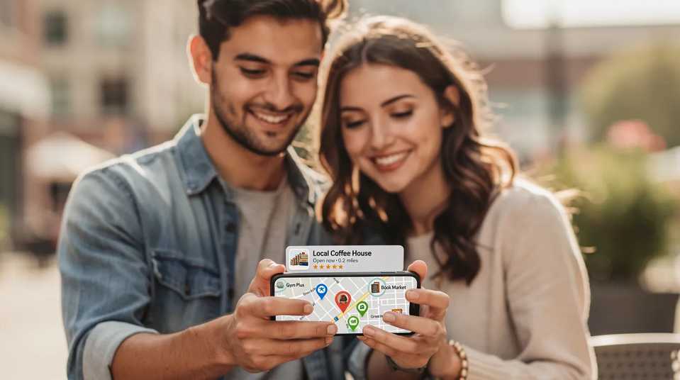 A man and woman are intently looking at a smartphone displaying a local business listing on a map application, which highlights nearby businesses and their information.