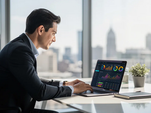 A business professional is focused on reviewing search data on their laptop in a modern office setting, utilizing various AI visibility tools and platforms to enhance search optimization and understand user intent. The workspace features sleek furniture and large windows, providing a bright environment for analyzing search performance and visibility insights.