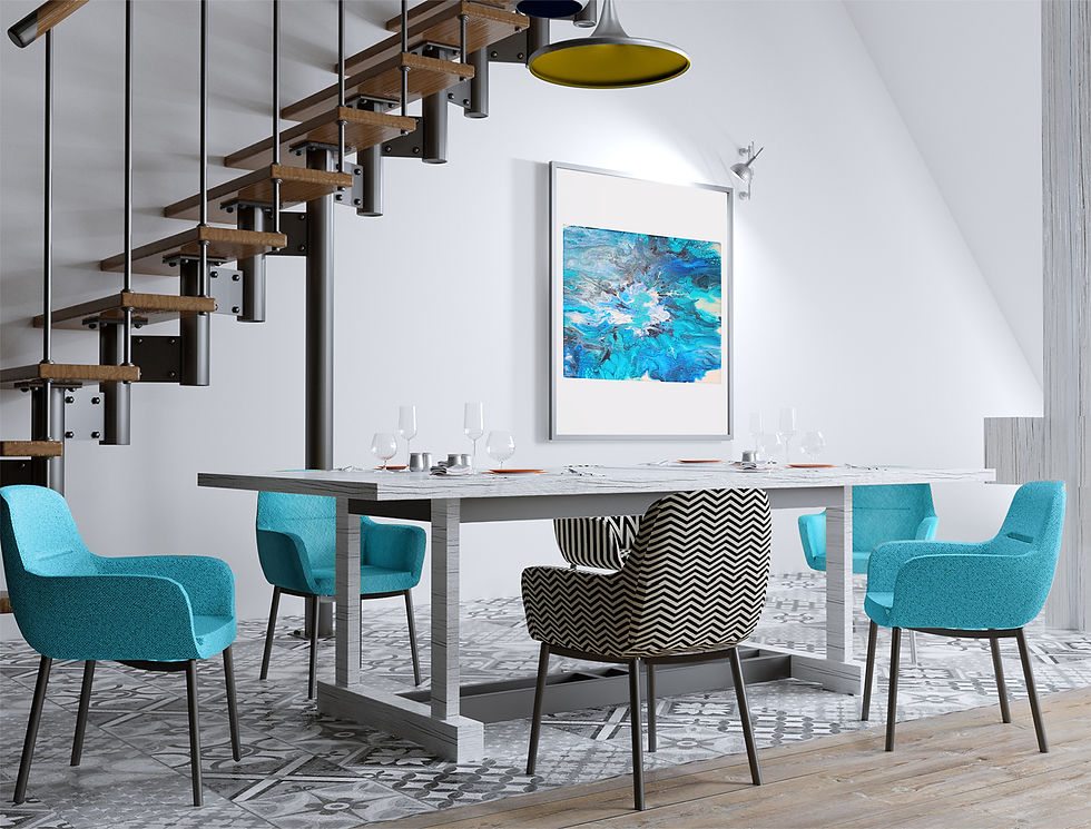 Thumbnail: Large Blue and Teal print on a wall in a contemporary dining room