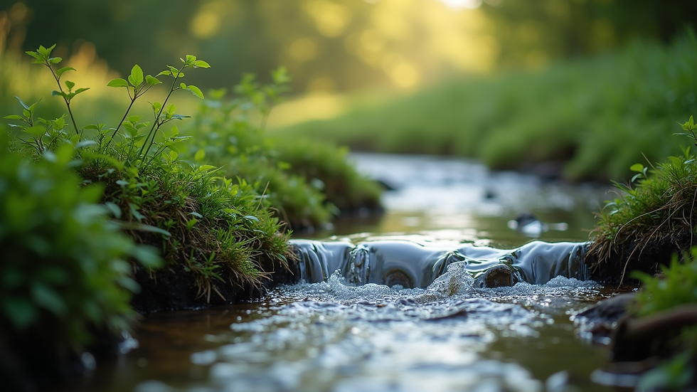 Close-up view of a serene nature scene with a flowing stream